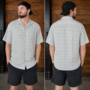 Stitch Note Mens L European Linen Short Sleeve Button Up Shirt Abstract Print